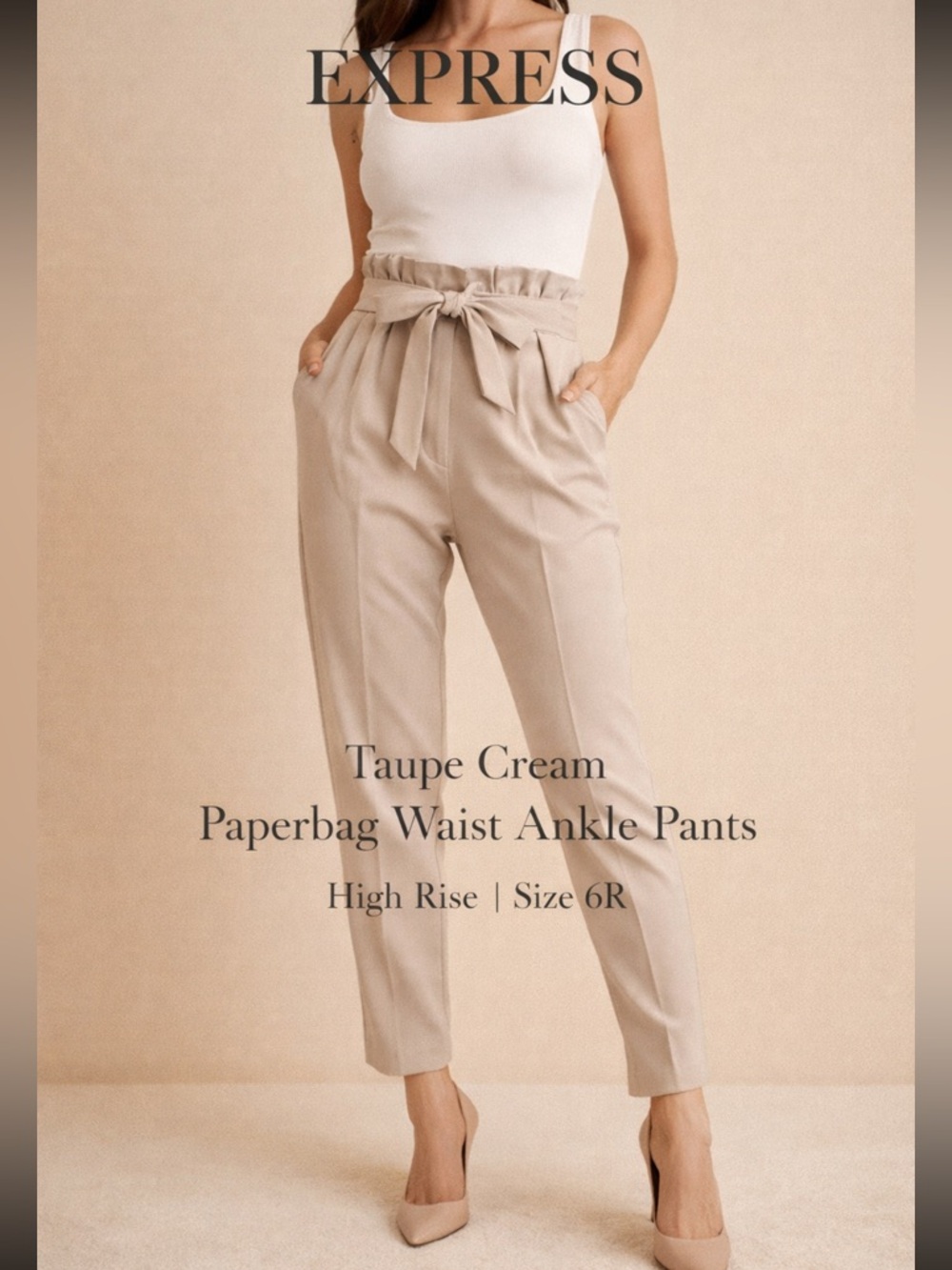 Express Taupe-Cream Paperbag Waist Ankle Pants with Self Tie